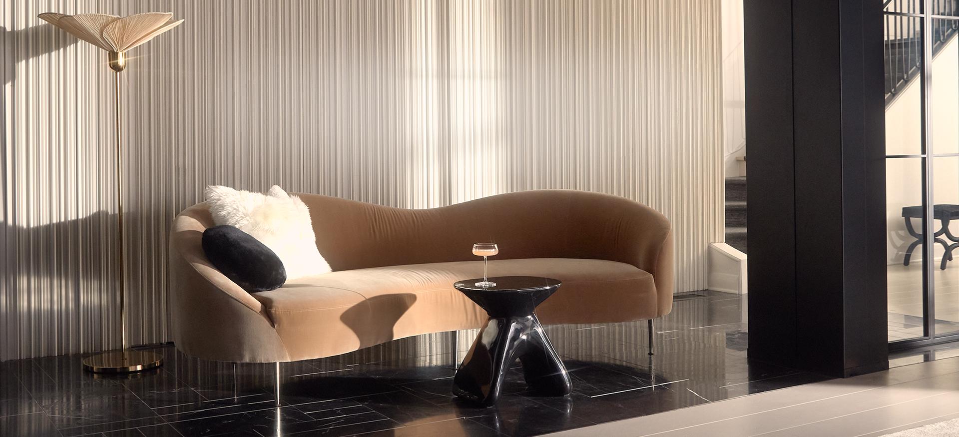 deco arts living room with Curvo Camel Velvet Sofa