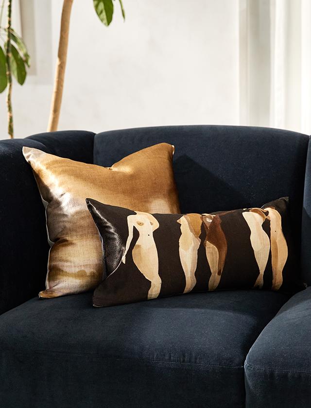 Claude Sofa in Slate with Kristen Giorgi Five Muses Down Pillow