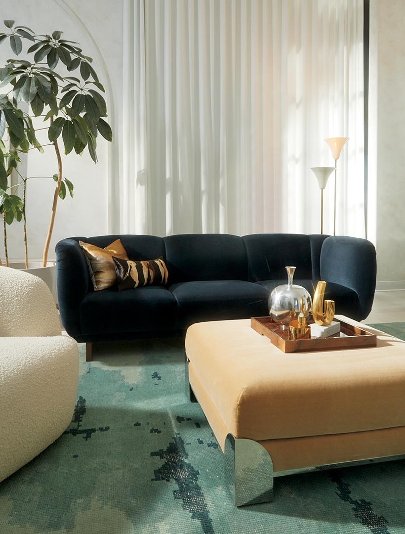 deco art living room with Claude Velvet Sofa in Slate