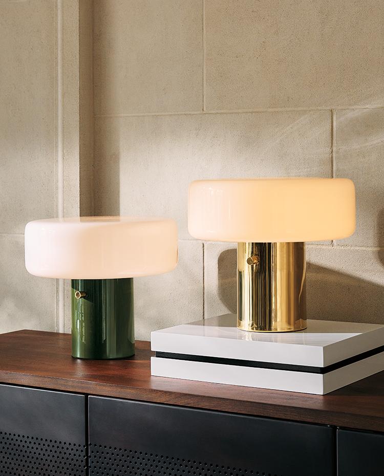 Modern high end brass table lamp with sage green shade — italian