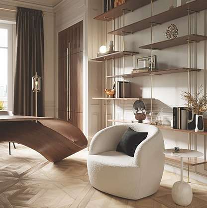 Living room with large fireplace and a piece of art on the mantel, with white upholstered seating and a black table