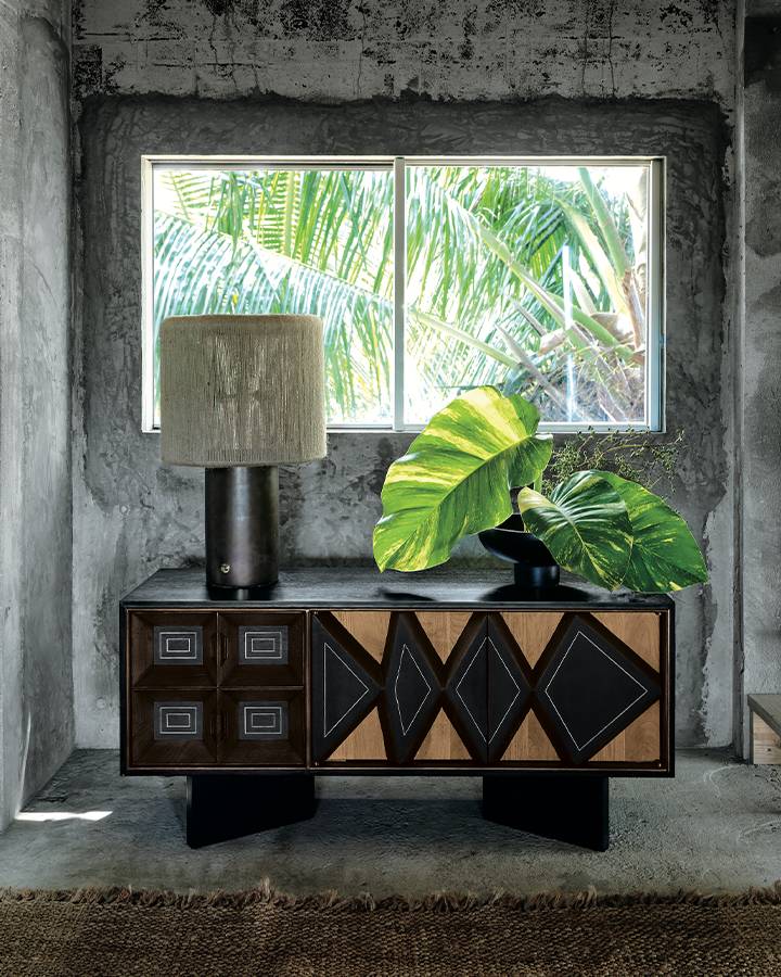 Paseo Wood Media Credenza with Ramble Tall Table Lamp