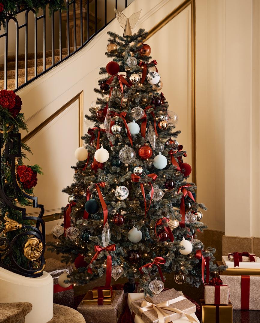 Christmas Tree decorated with red and white ornaments