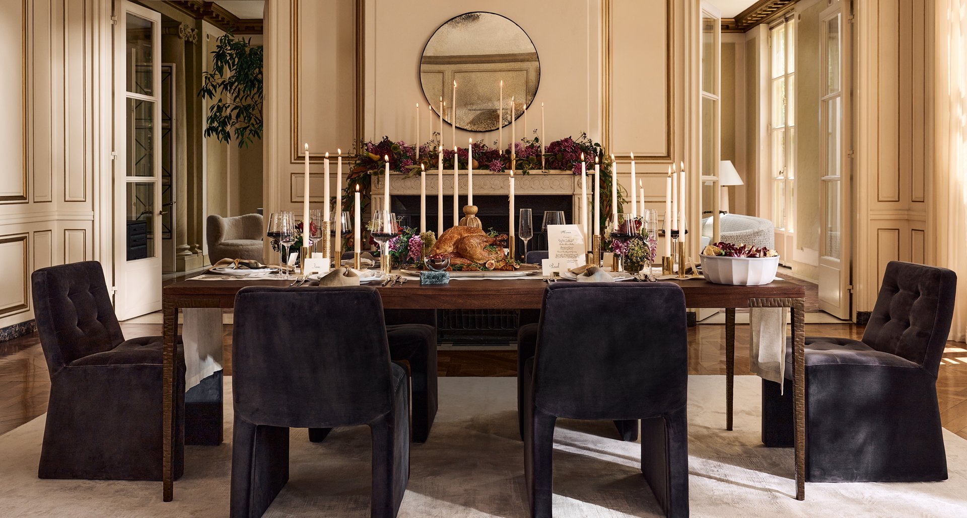 Dining Room decorated with Thanksgiving decor and set for Thanksgiving meal.