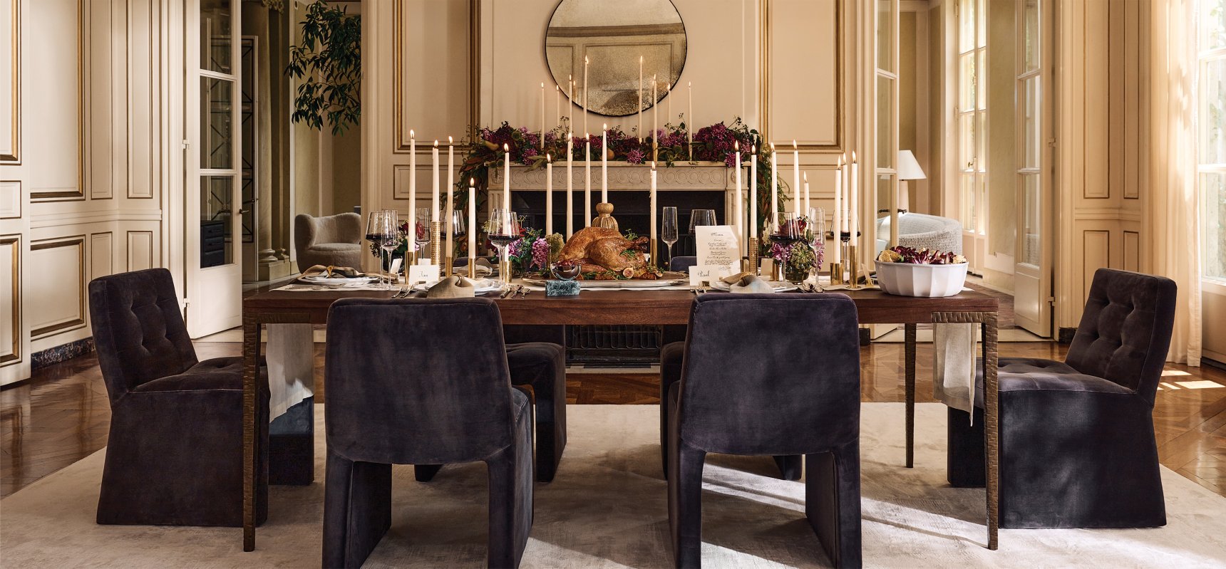 Dining Room decorated with Thanksgiving decor and set for Thanksgiving meal.