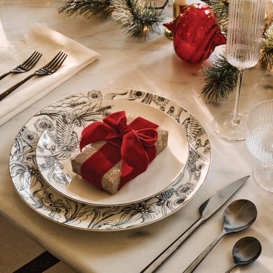 Tabletop with Dinnerware, Glassware and Holiday Decor