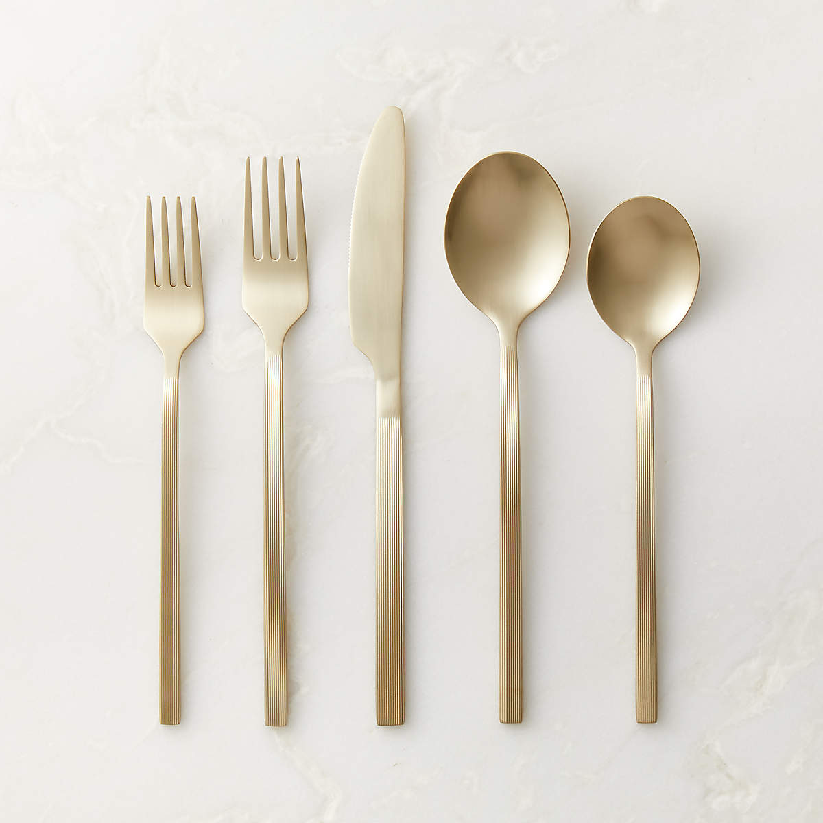 20-Piece Modern Parallel Brushed Champagne Gold Flatware Set + Reviews | CB2