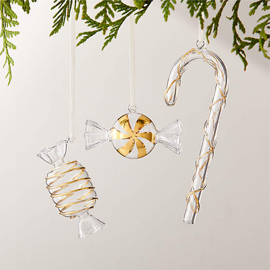 24K Gold and Clear Glass Candy Christmas Tree Ornaments Set of 3