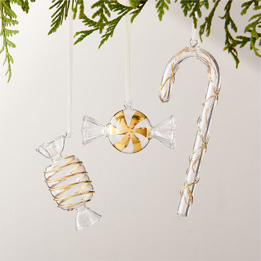 24K Gold and Clear Glass Candy Cane Christmas Tree Ornament 6"