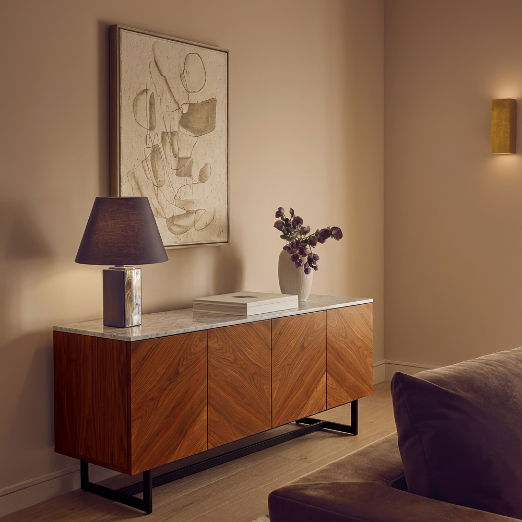 Suspend 57" Walnut Wood Media Console with White Marble Top