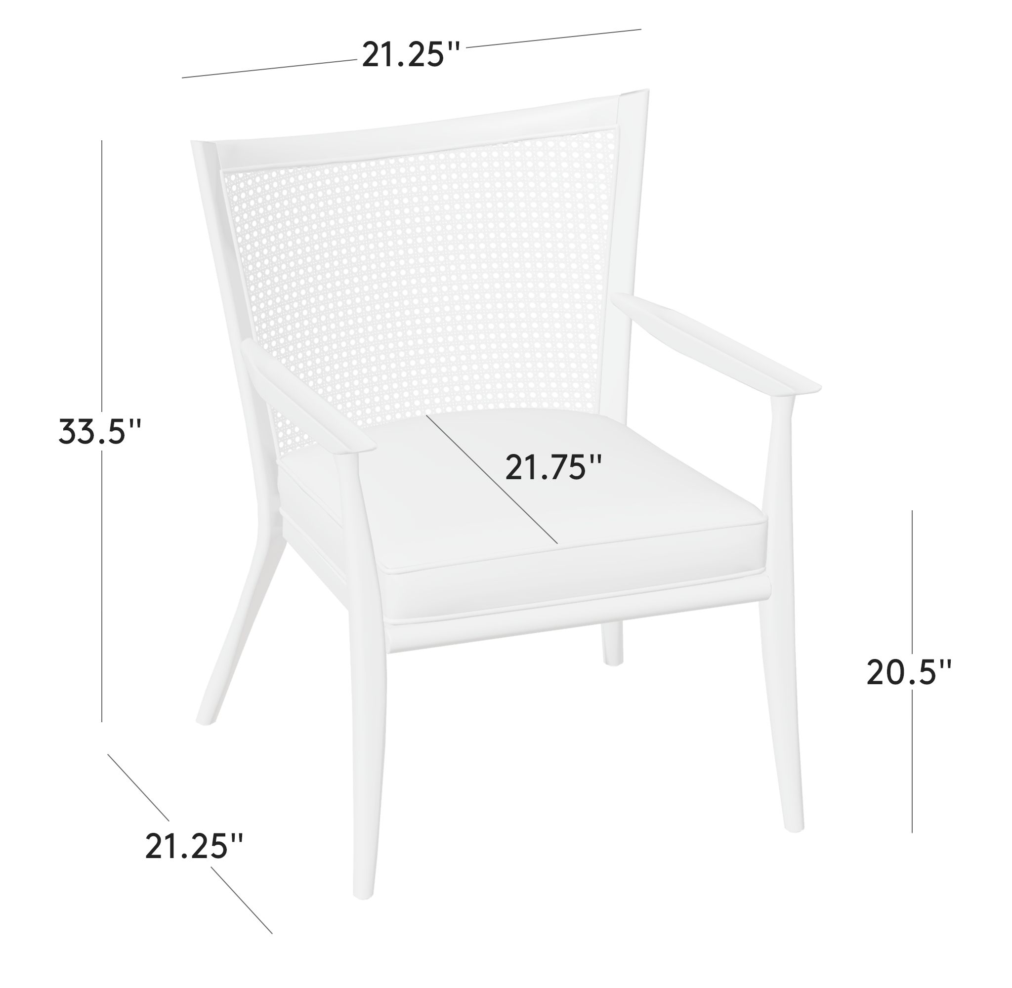Diagram showing dimensions of the white accent chair.
