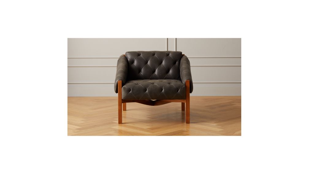 Abruzzo Black Leather Tufted Chair with Brown Legs | CB2 Canada