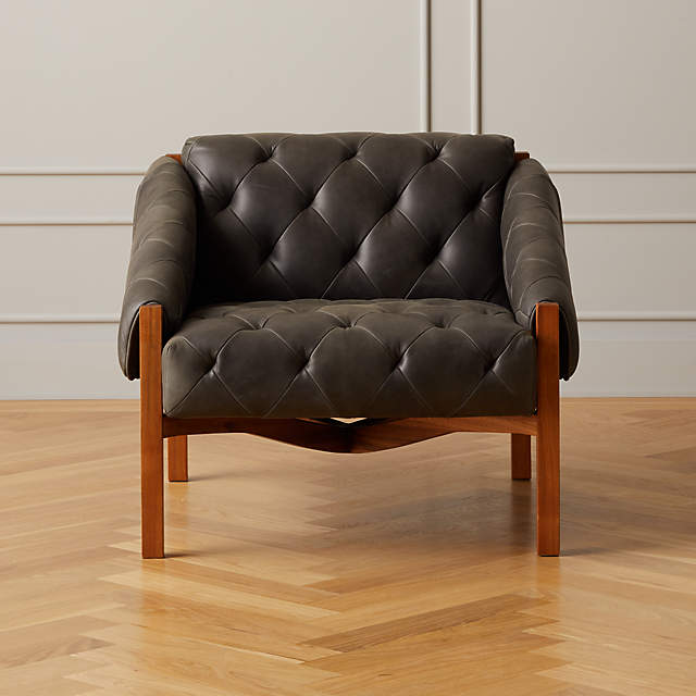 Abruzzo Charcoal Leather Tufted Chair, Brown Leather Tufted Armchair