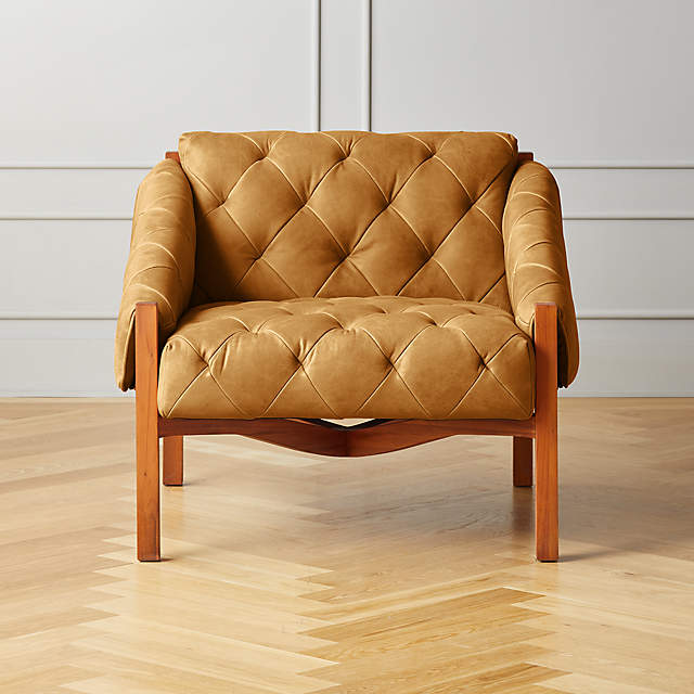Abruzzo Brown Leather Tufted Chair, Tufted Leather Armchair