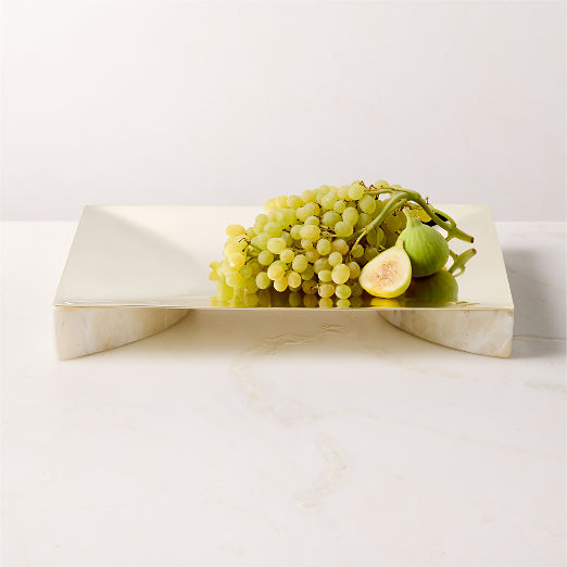 Akri Rectangular Champagne Gold Stainless Steel and Cream Onyx Serving Platter