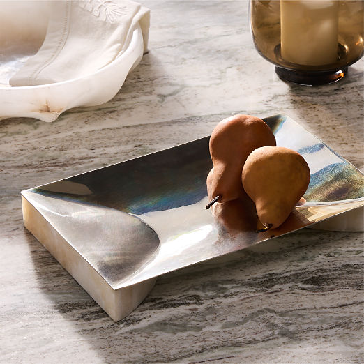 Akri Rectangular Champagne Gold Stainless Steel and Cream Onyx Serving Platter