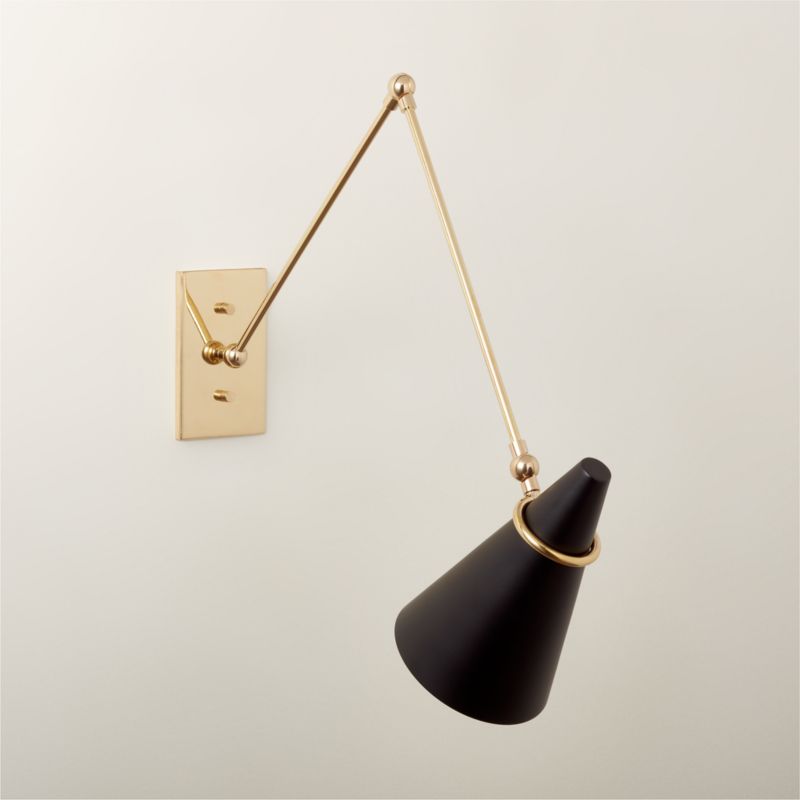 Aldus Modern Black and Polished Brass Swing Arm Wall Sconce + Reviews CB2