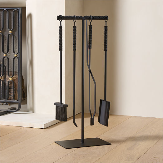 Alsina 4-Piece Black Leather Wrapped Fireplace Tool Set