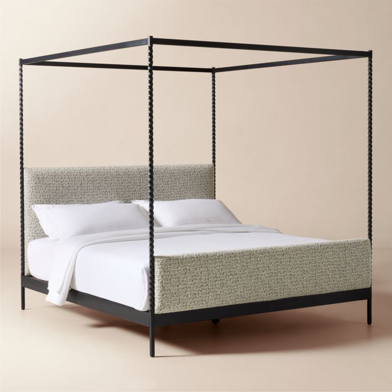 Amani Hand-Forged Steel Framed Black and White Boucle Upholstered Canopy King Bed - image 3 of 7