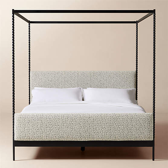 Amani Hand-Forged Steel Framed Black and White Boucle Upholstered Canopy King Bed