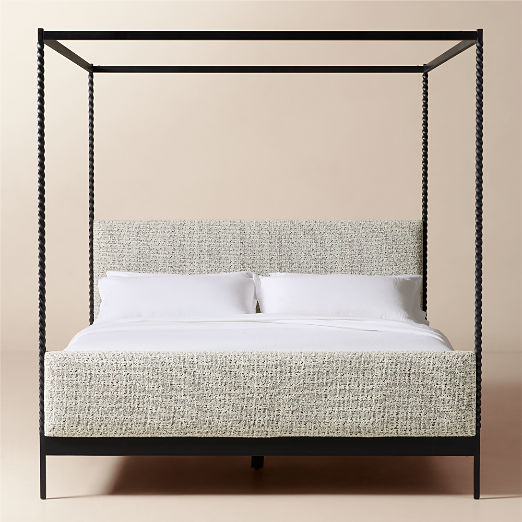 Amani Hand-Forged Steel Framed Black and White Boucle Upholstered Canopy Queen Bed