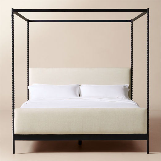 Amani Hand-Forged Steel Framed Warm White Upholstered Canopy Bed