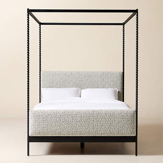 Amani Hand-Forged Steel Framed Black and White Boucle Upholstered Canopy Queen Bed