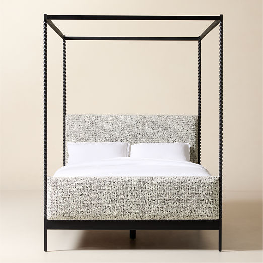 Amani Hand-Forged Steel Framed Black and White Boucle Upholstered Canopy Bed