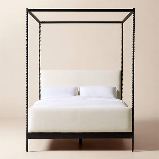 Amani Hand-Forged Steel Framed Warm White Upholstered Canopy Queen Bed