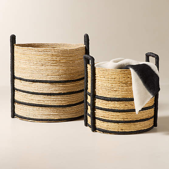 Aminah Woven Storage Basket with Black Handles Set of 2