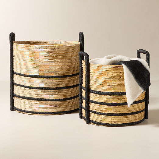 Aminah Woven Storage Basket with Black Handles Set of 2