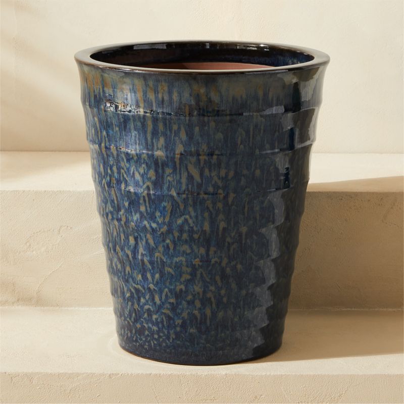 View Anilla Ribbed Dark Blue Glazed Clay Indoor/Outdoor Planter Large details