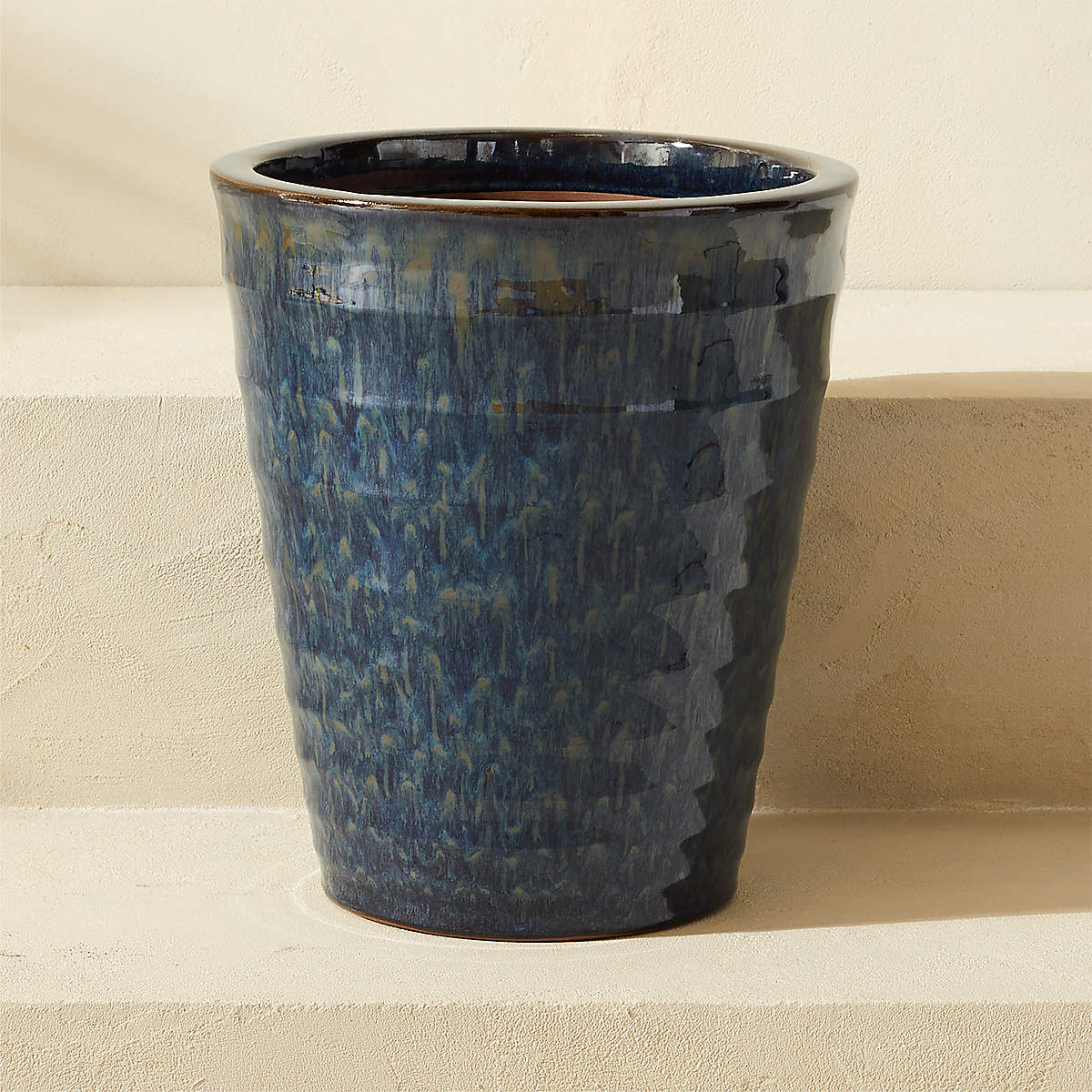 Anilla Ribbed Dark Blue Glazed Clay Indoor/Outdoor Planter Medium | CB2