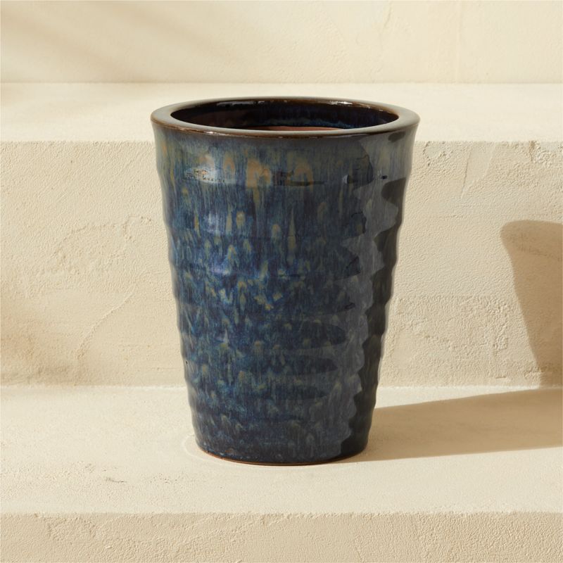 Anilla Ribbed Dark Blue Glazed Clay Indoor/Outdoor Planter Small - image 0 of 8