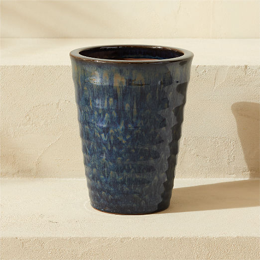 Anilla Ribbed Dark Blue Glazed Clay Indoor/Outdoor Planter Small