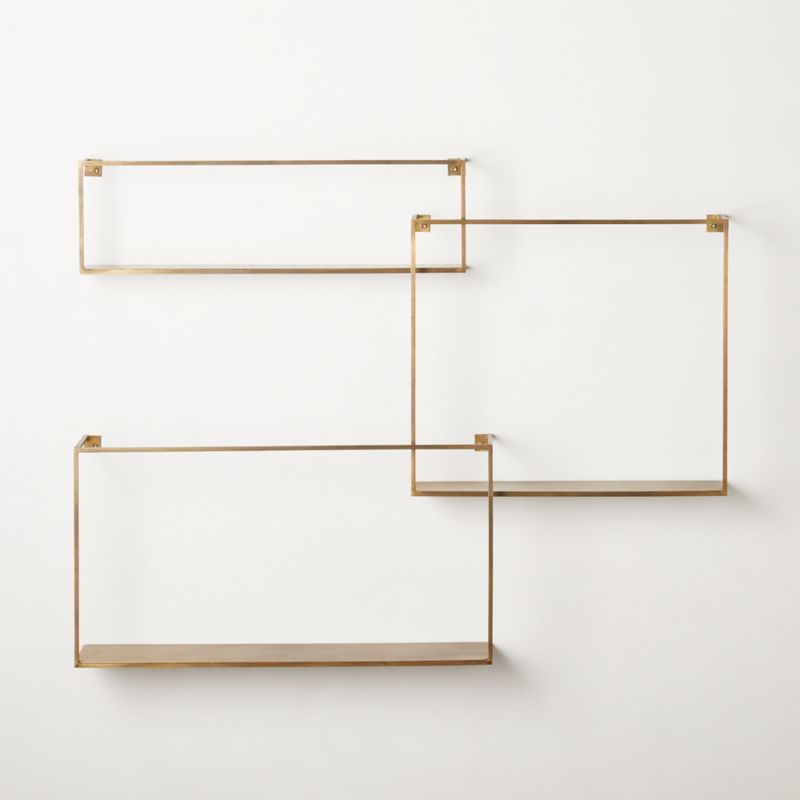 CB2 - April Catalog 2018 - Antiqued Brass Floating Shelves Set of 3