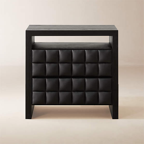 Apollo 2-Drawer Black Leather and Wood Nightstand