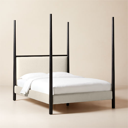 Arcata 4-Poster Black Wood and Ivory Upholstered Queen Bed