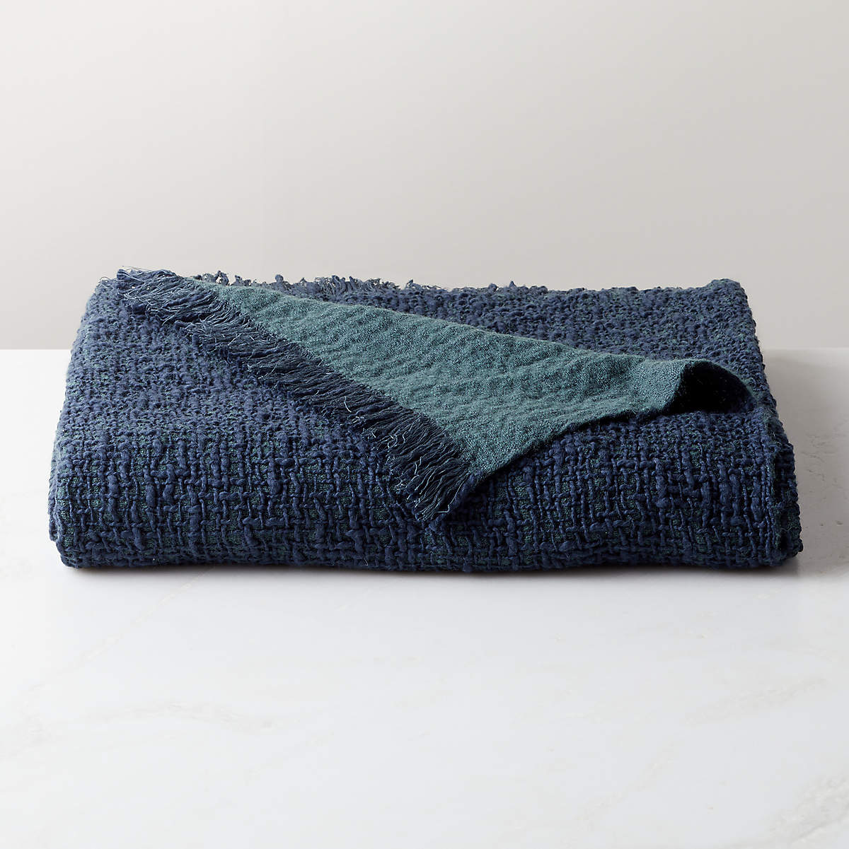Arden Navy Blue and Faded Teal Solid Cotton and Wool Throw Blanket | CB2