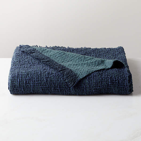 Arden Navy Blue and Faded Teal Solid Cotton and Wool Throw Blanket