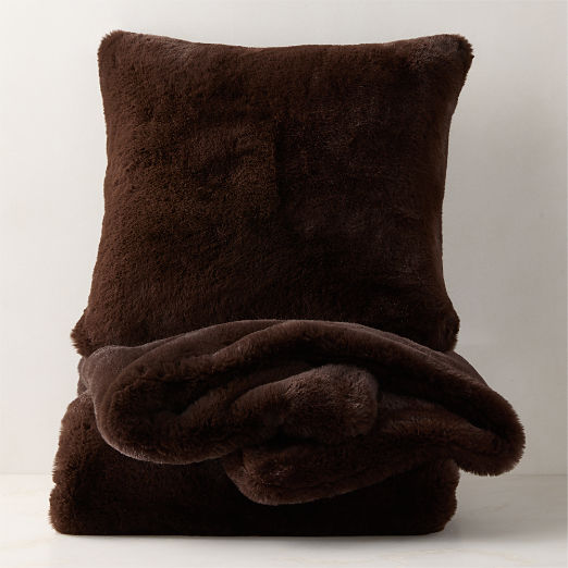 Astor Double-Sided Dark Brown Faux Fur Throw Pillow And Throw Blanket Set
