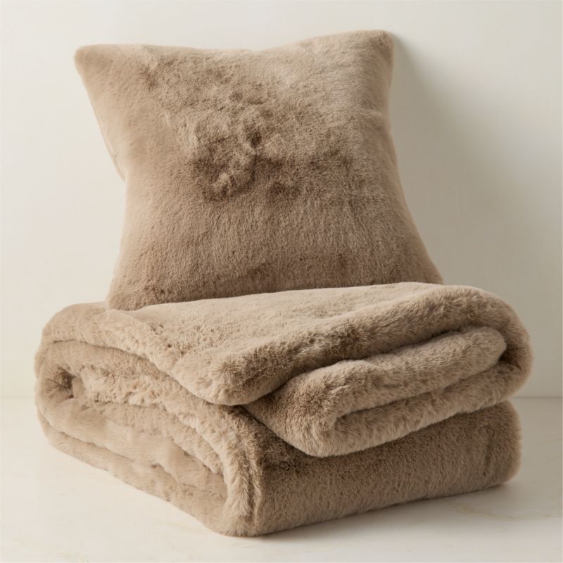 View Astor Double-Sided Light Brown Faux Fur Throw Pillow with Down-Alternative Insert and Throw Blanket Set details