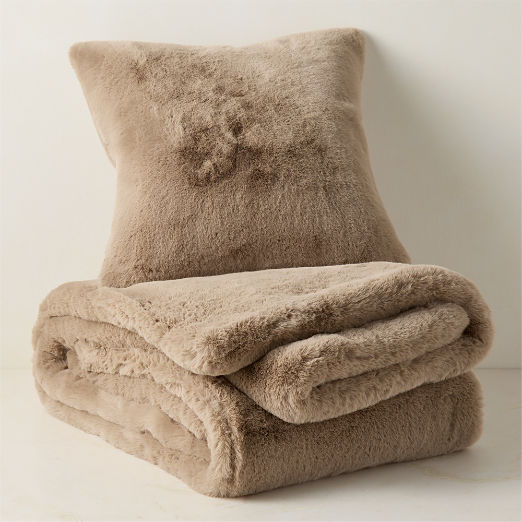 Astor Light Brown Faux Fur Throw Pillow 20"x20" with Throw Blanket 50"x70" Set