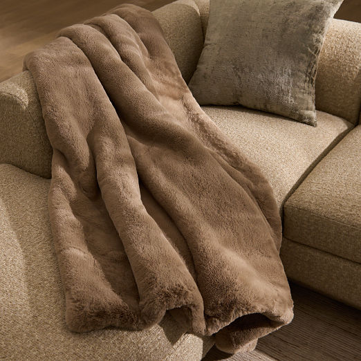 Astor Light Brown Faux Fur Throw Pillow and Throw Blanket Set