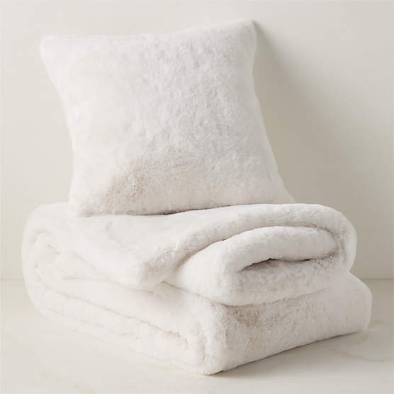 Astor Warm White Faux Fur Throw Pillow with Down-Alternative Insert and Throw Blanket Set
