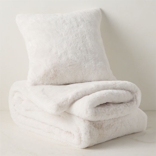 Astor Warm White Faux Fur Throw Pillow with Down-Alternative Insert and Throw Blanket Set