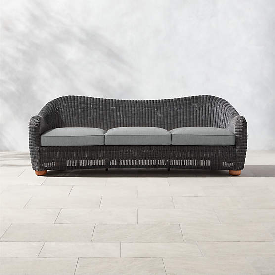 Bacio 86" Charcoal Grey All-Weather Rattan Outdoor Sofa With Grey Sunbrella® Cushions