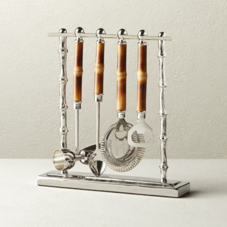 4-Piece Bamboo Bar Tool Set with Stand | CB2