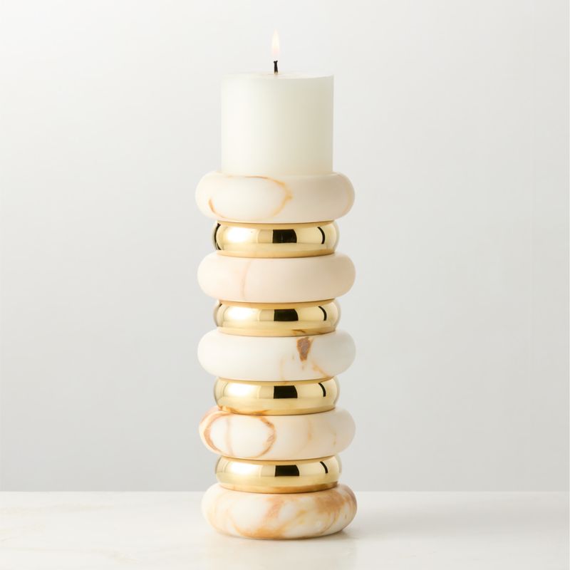 Band Golden Calacatta Marble And Unlacquered Brass Pillar Candle Holder Large - image 0 of 5