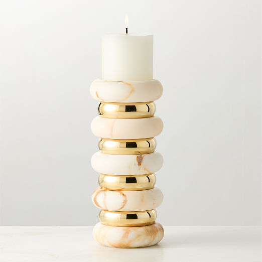 Band Golden Calacatta Marble And Unlacquered Brass Pillar Candle Holder Large